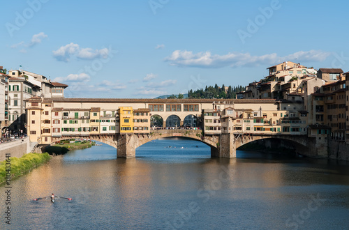The Ponte Vecchio old bridge over river Arno - Florence, Tuscany, Italy. Built very close to the Roman crossing, the Ponte Vecchio, was the only bridge across the Arno in Florence until 1218