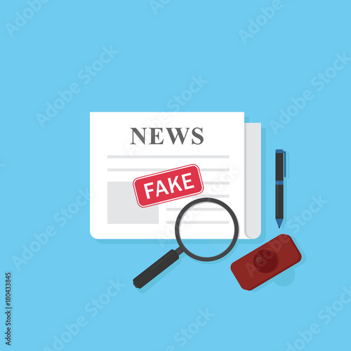 Newspaper with fake news stamp and stationary. Hoax concept