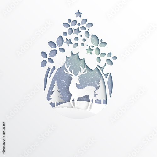 Deer on snow and winter season background.For merry christmas and happy new year paper art style.Vector illustration.