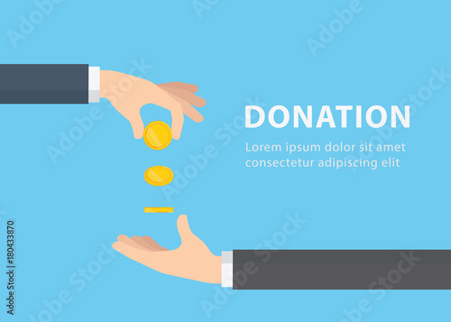 Hand giving gold coin to another hand. Businessman gives a gold coin. Receiving money. Donation Concept
