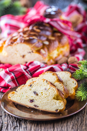 Christmas Cake and Christmas Decorations. Christmas cake, slovak or eastern europe traditional pastry - vianocka photo