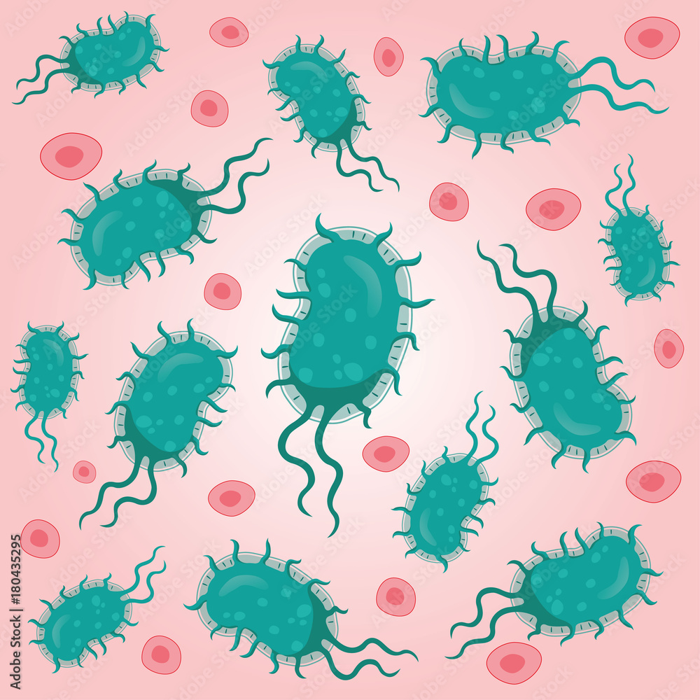 Concept of bacteriological infection in the body. Creature bacteria microorganisms, background. Ideal for informational and medicinal materials on antibacterial therapy Concept of bacteriological infection in the body. Creature bacteria microorganisms, background. Ideal for informational and medicinal materials on antibacterial therapy