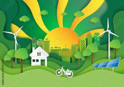 Green eco friendly city with nature landscape and sunshine paper art style.Environment conservation concept for green energy.Vector illustration.