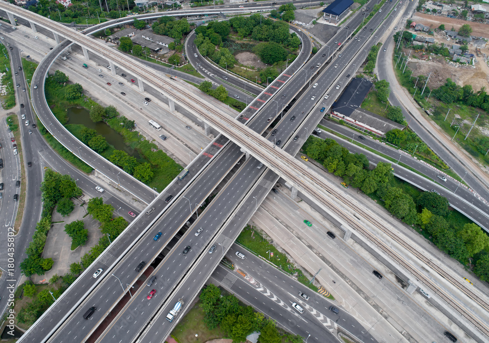 Elevated expressway. The curve of suspension bridge, Thailand. Aerial view. Top view. Background scenic road.