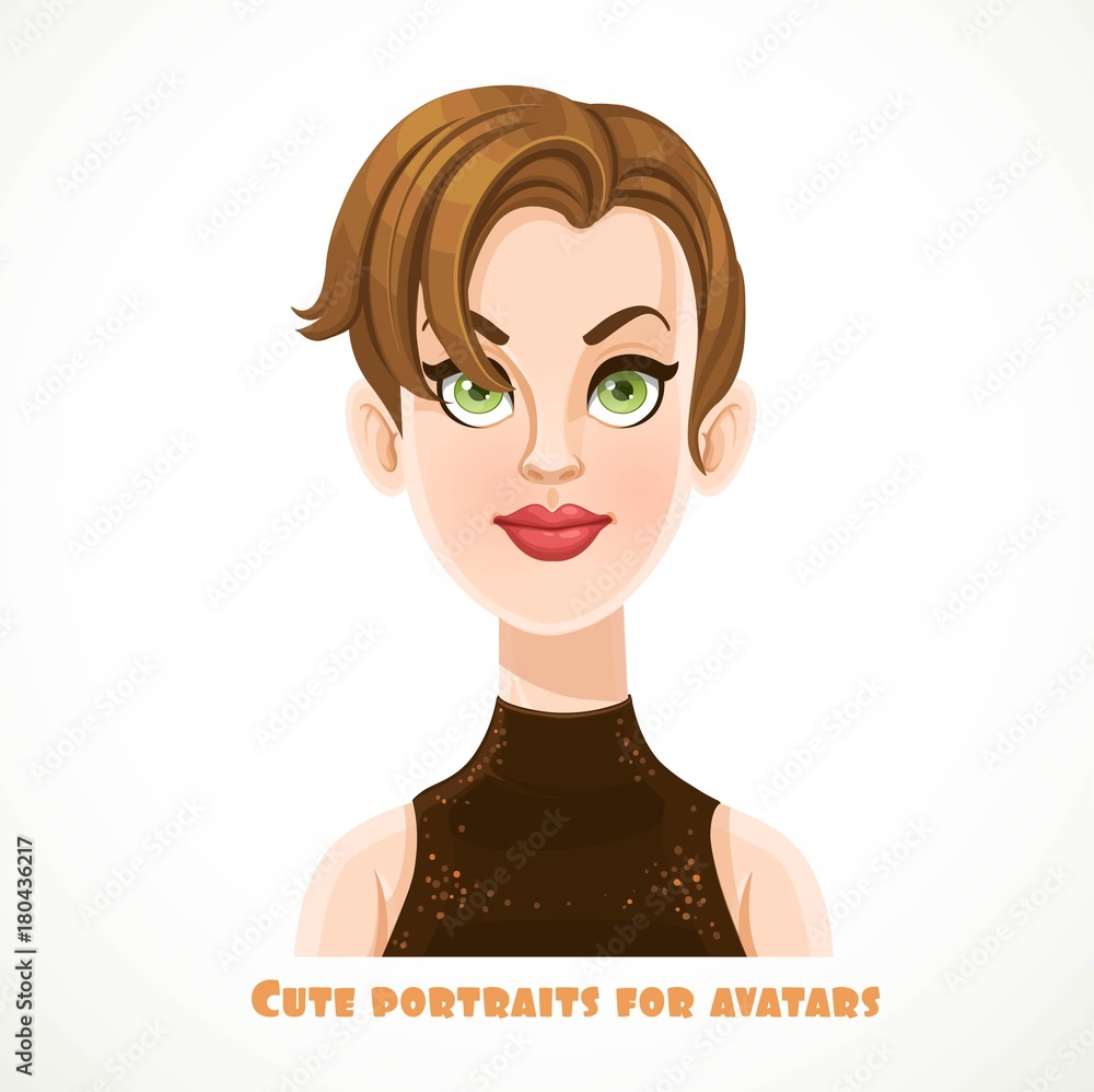 Cute young brunette woman with short haircut and red lips portrait for avatar isolated on a white background Cute young brunette woman with short haircut and red lips portrait for avatar isolated on a white background