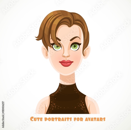 Cute young brunette woman with short haircut and red lips portrait for avatar isolated on a white background