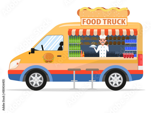 Vector cartoon food truck with male salesman