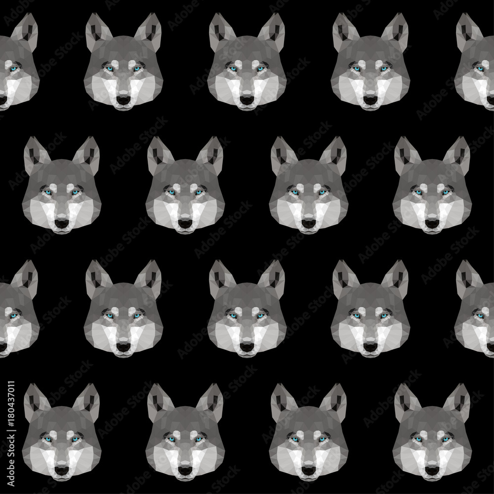 Obraz premium Abstract polygonal wolf seamless pattern background. Modern low poly wolf portrait pattern