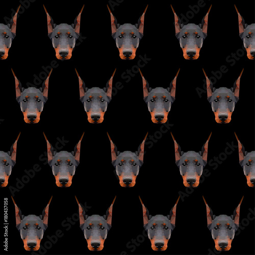 Abstract polygonal doberman dog seamless background. Modern low poly doberman dog portrait pattern