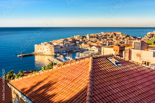 Dubrovnik rooftops morning scenery. / Aerial view at picturesque town Dubrovnik with rich cultural heritage and historic background, croatian tourist travel destination.