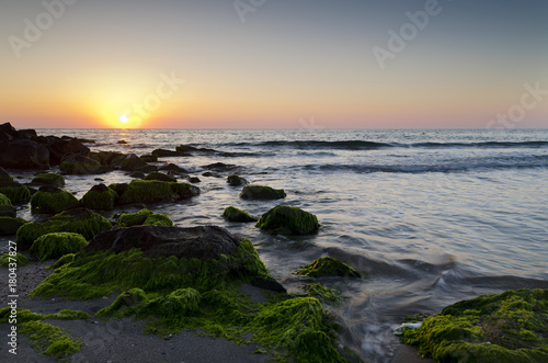 Sunrise on the beach in Pomorie resort in Bulgaria