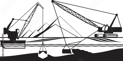 Cranes extracting sand from bottom of river - vector illustration
