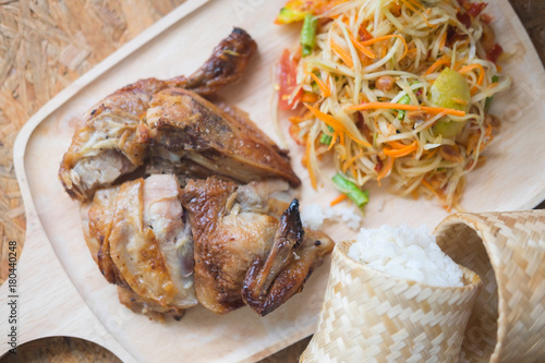 Papaya salad and grilled chicken with sticky rice