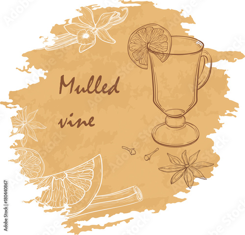 Mulled Wine and spices, orange, apple, cinnamon, carnation, anise, vanilla, clove, ginger. Hand drawn vector Illustration. Set in sketch style. Classical winter drink.