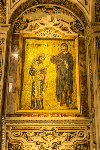 Palermo, Sicily, Italy. The Church of Martorana, the list of world cultural heritage of UNESCO: a mosaic depicting Christ crowning Roger II, XII century photo