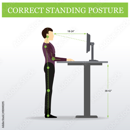 ergonomic. Correct standing posture on height adjustable desk or table sitting and standing pose of a man. Healthy sitting pose