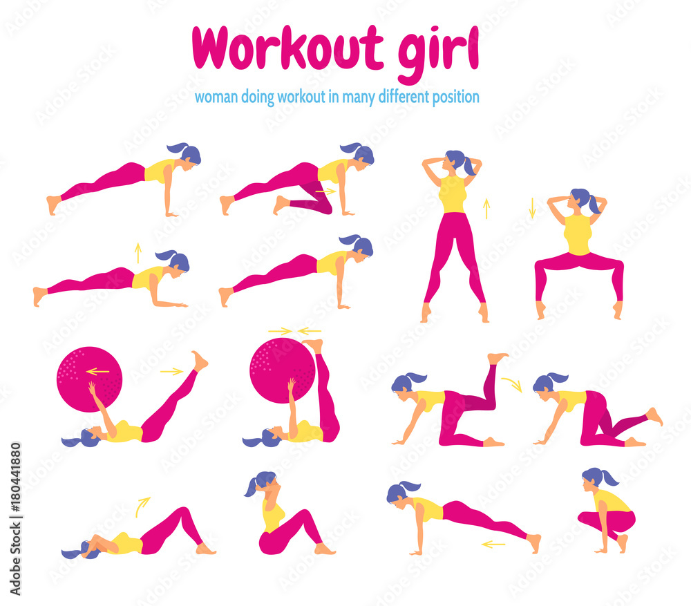 Set of female silhouettes in gym