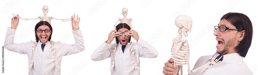 Funny teacher with skeleton isolated on white Funny teacher with skeleton isolated on white