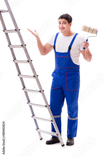 Young painter man with ladder isolated on white background