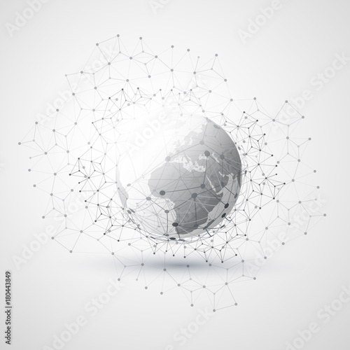 Cloud Computing and Networks Concept with Earth Globe - Global Digital Network Connections, Technology Background, Creative Design Template with Transparent Geometric Grey Wire Mesh