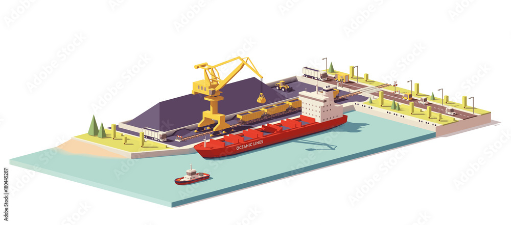 Fototapeta premium Vector low poly coal terminal and bulk carrier