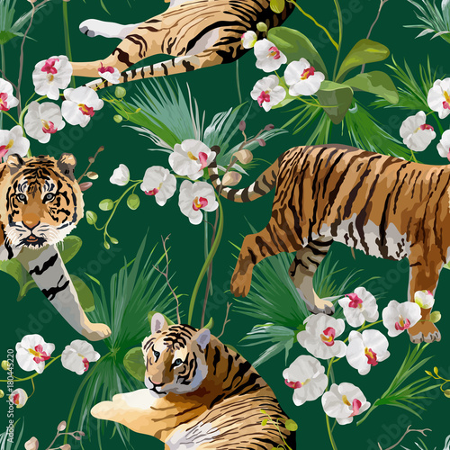 Tigers in Tropical Flowers and Palm Leaves Background, Seamless Pattern in vector