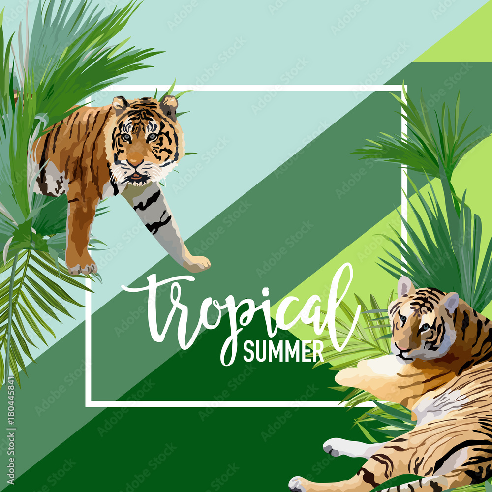 Tropical Flowers and Tiger Summer Banner, Graphic Background, Exotic Floral  Invitation, Flyer or Card. Modern Front Page in Vector Stock Vector | Adobe  Stock