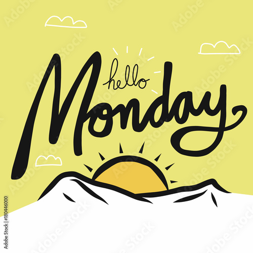 Hello Monday word on sun raise cartoon vector illustration