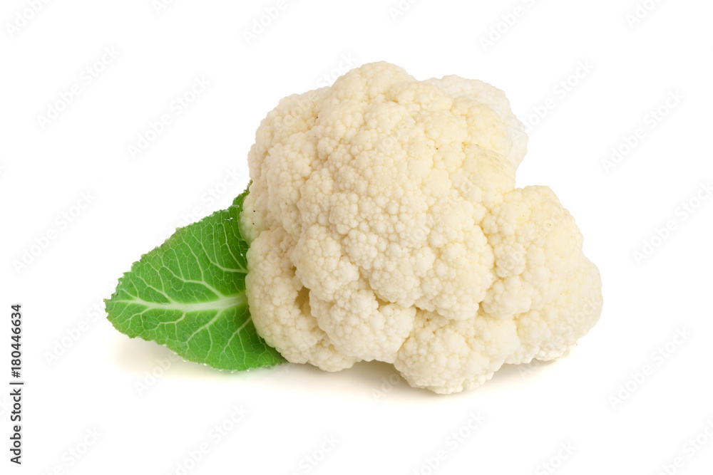 Piece of cauliflower with leaf isolated on white background macro Piece of cauliflower with leaf isolated on white background macro