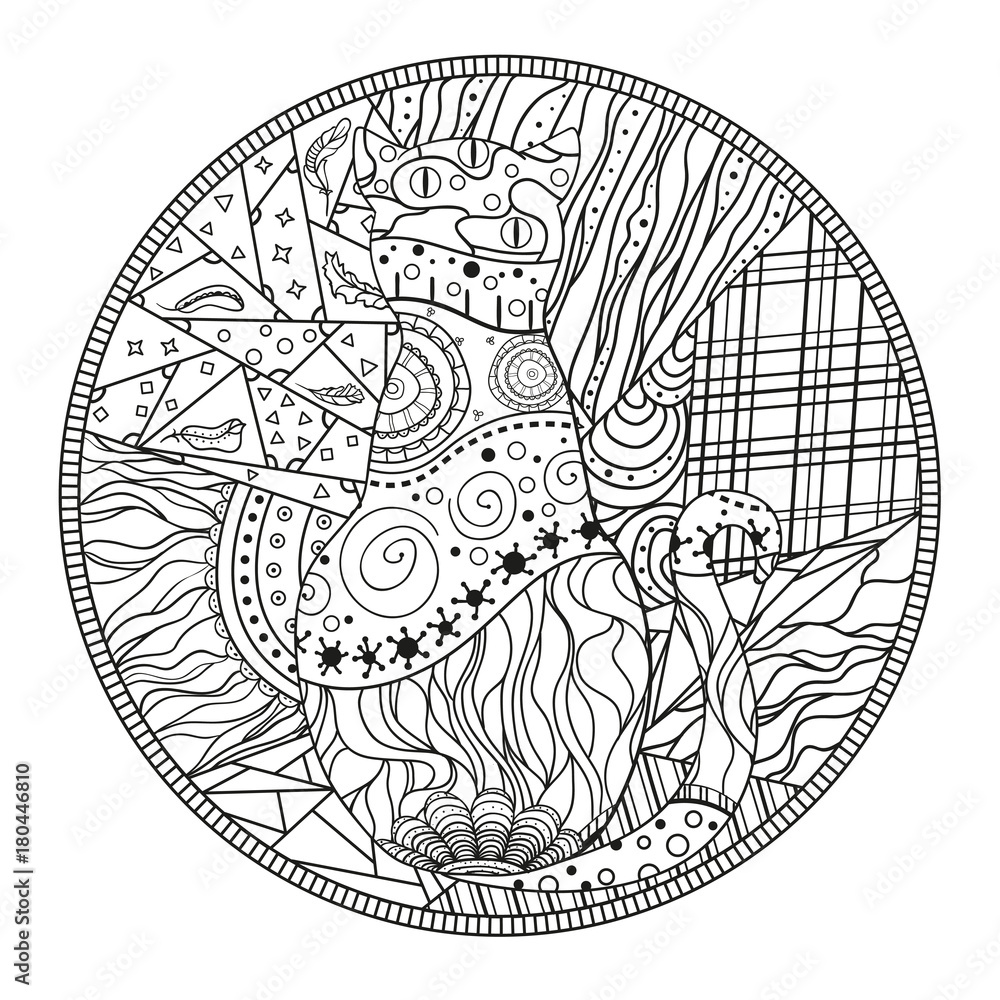 Mandala with cat. Zentangle. Hand drawn cat with abstract patterns on isolation background. Design for spiritual relaxation for adults. Black and white illustration for coloring. Outline for t-shirts