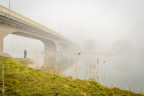 Bridge in the fog, in a settlement near Novi Sad Srbobran 