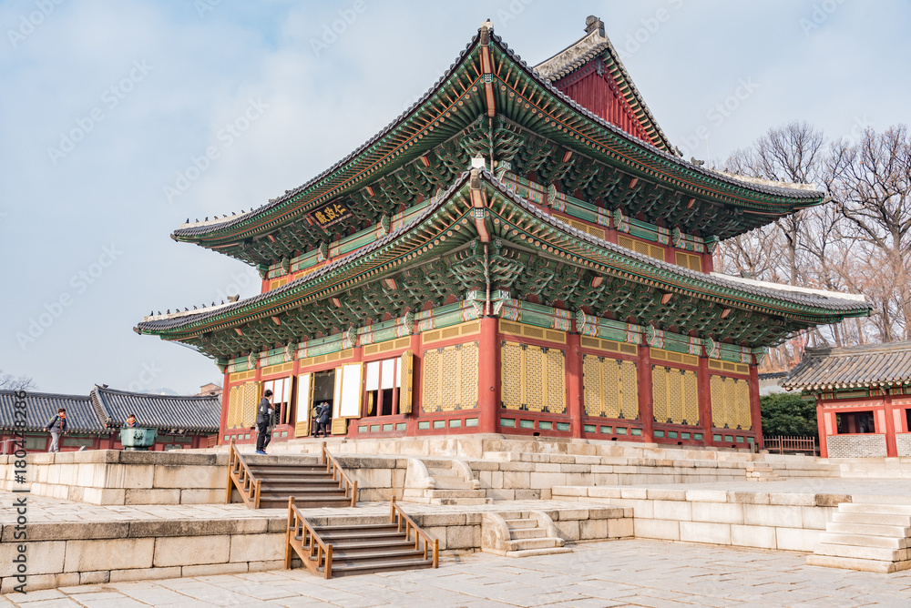 Fototapeta premium wooden pagodas in the park of seoul city in korea in winter
