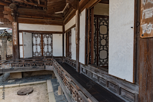 wooden pagodas in the park of seoul city in korea in winter