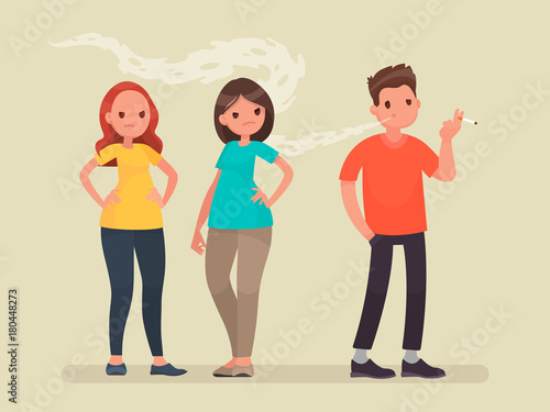 Concept of passive smoking. Discontent non-smoking people. Vector illustration in a flat style