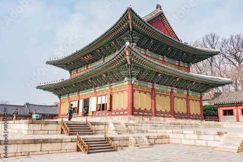 wooden pagodas in the park of seoul city in korea in winter