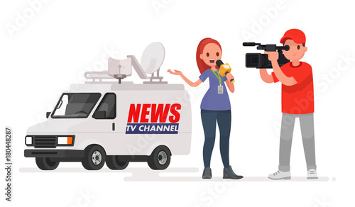 Journalist conducts a report from the scene of the events. Profession correspondent and videographer