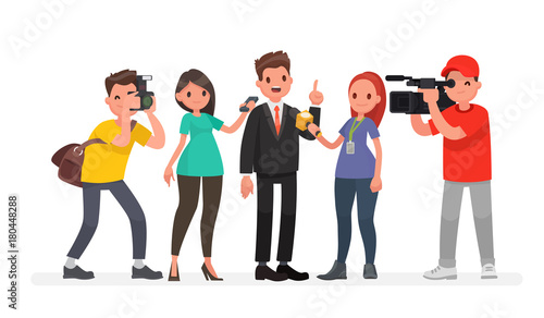 Journalists of news channels and radio stations are take interviewed. Characters videographer and photographer