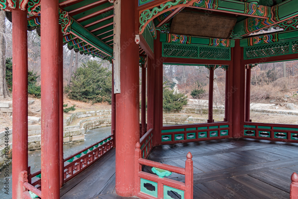 wooden pagodas in the park of seoul city in korea in winter