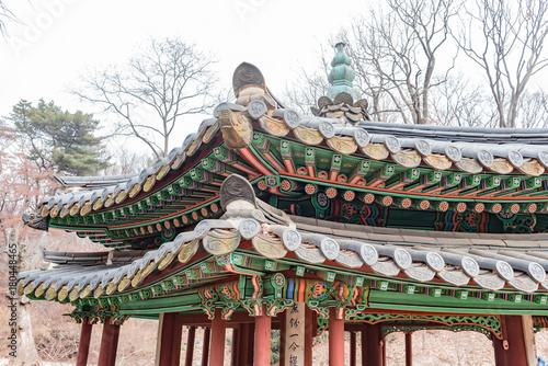 wooden pagodas in the park of seoul city in korea in winter