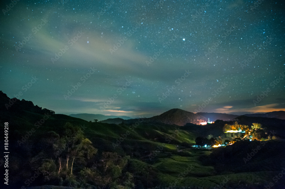 Night view of tea plantation with cloud and star