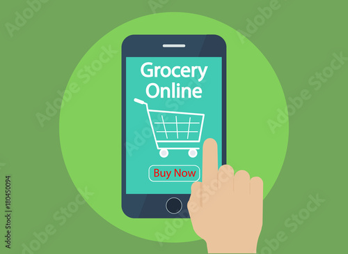 hand use tablet with Grocery Online and icon on screen, Digital business concept