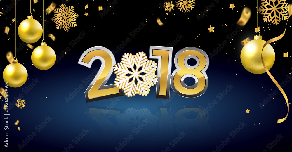 Happy New Year 2018. background with gold ribbons and confetti.
