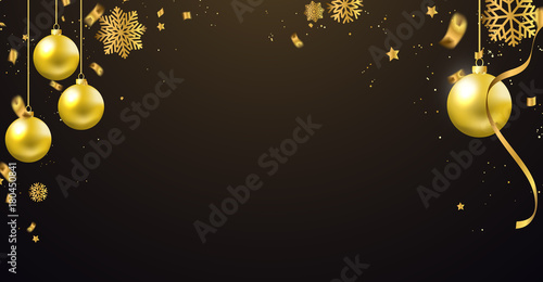 Merry Christmas vector banner text and New Year Xmas background. with beautiful confetti various gold snowflakes,