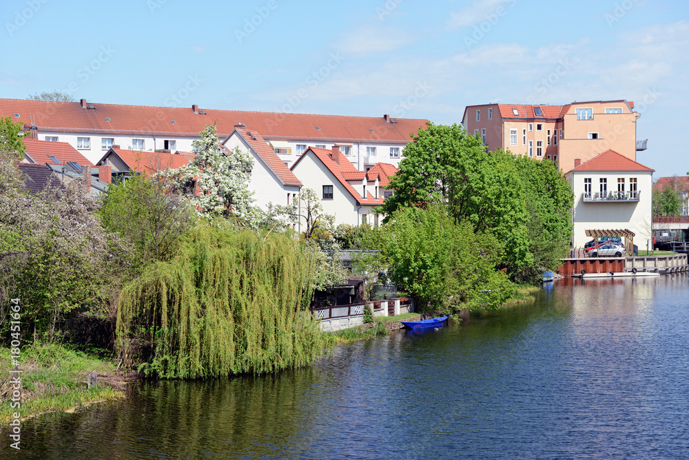 Cityscape of Rathenow (Germany) with Havel river and traditional houses