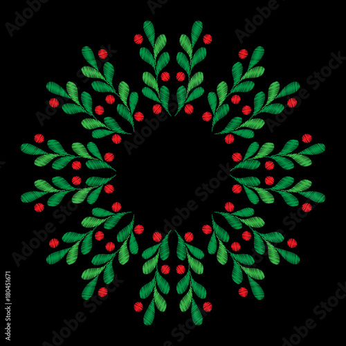 Round frame pattern with spruce branches and berries embroidery stitches imitation