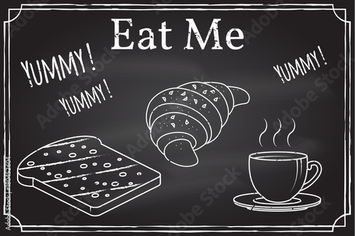 Coffee cup, toast and Croissant icon. Eat me.