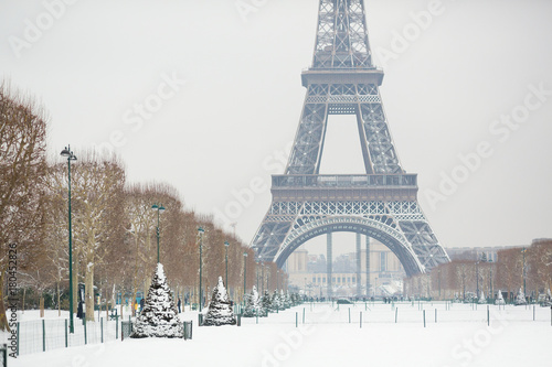 Snowy day in Paris, France