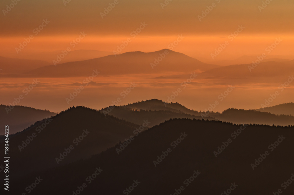 Misty mountain landscape in the morning, Poland Misty mountain landscape in the morning, Poland
