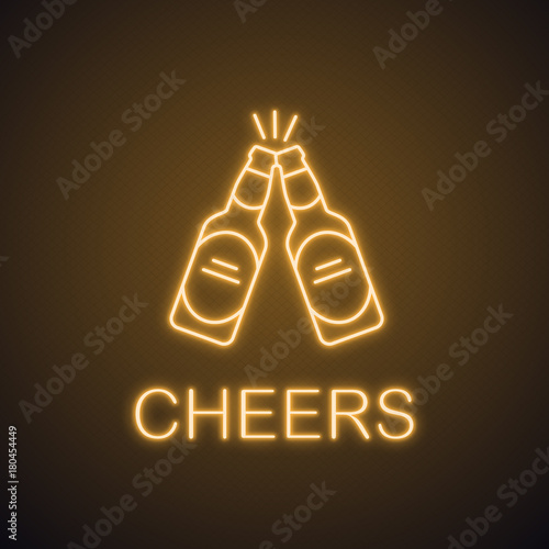 Toasting beer bottles neon light icon