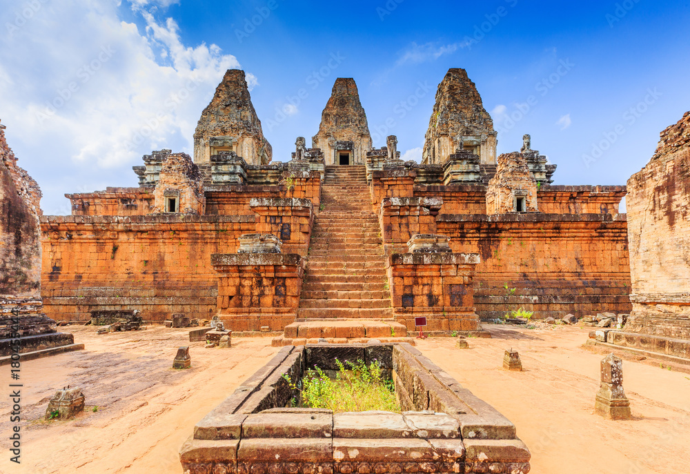 Angkor, Cambodia. Pre Rup temple. The cistern and central towers.